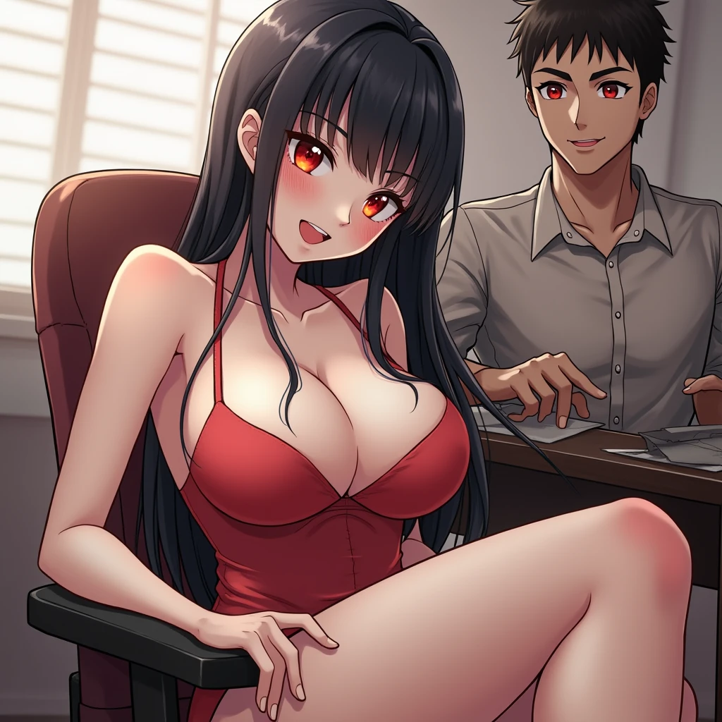 Best Quality, 1girl, 1guy, the girl has, Red Eyes, Black Hair, Long Hair, Blush, Open Mouth, Large breasts, large but, and the guy has, skinnee body, Red Eyes, Black Hair, no Pants on, the girl is siting under the guy desk, the guy has a big dick sticking out of the desk, girl put it in her mouth￼