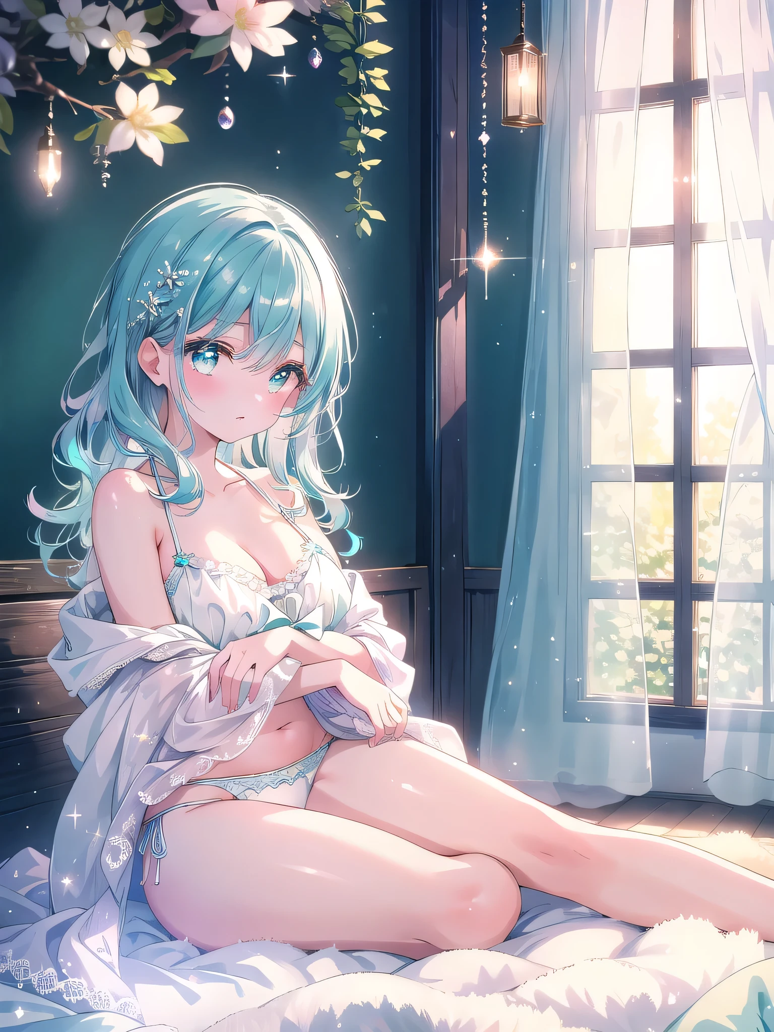 ((8k, Highest quality, masterpiece: 1.3)),Ultra-high resolution,(1 girl, alone), (Color changing eyes, Ultra-detailed, Expressive brilliance, Glitter, Glowing Eyes), Highly detailed eyes, Highly detailed face, Random Hair, ((pastel colour))A serene young woman with pastel teal hair styled into soft curls, sitting on a plush rug near her bed during a peaceful morning. She is wearing a delicate white bikini with lace detailing that subtly enhances her curves. The camera captures her from a low, eye-level angle as she sits in an "M" pose with (open legs:1.4), her hands gently resting on her ankles, her expression calm and reflective. The gentle morning light streams through the curtains, creating a tranquil and soothing ambiance, with minimalistic decor that emphasizes the serene and simple beauty of the scene.