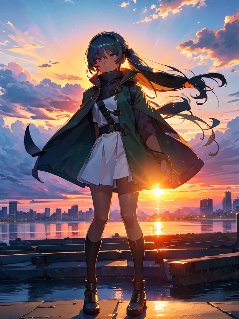Empty City, A town above the clouds, Sky City,Black Eye,green hair, wearing a duffle coat, Falling from the sky, Watching the beautiful sunset, sundownに, sundown, As the sun sets, in the sunset, Nice views, Sunset view, With the sunset, sundownに, During Golden Hour, looking sundownに, Sunset in the background, Watching the sunset, Attention、 Skillfully expressing the effects of light and shadow,