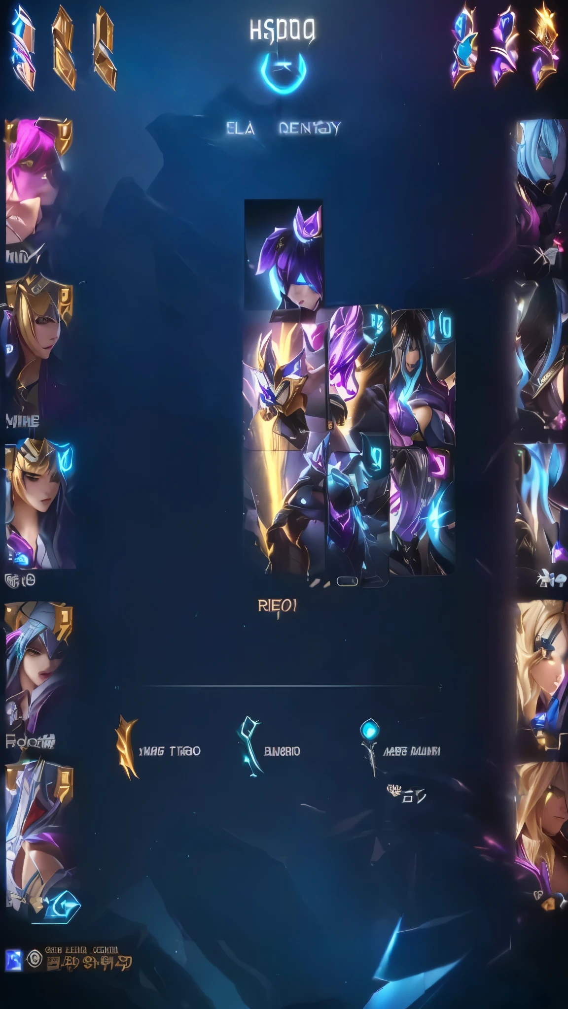 a screenshot of a screen with a bunch of different characters, mobile legends, wild rift, epic battle screen of hero, mobile game, ui card, platinum skin, main character center focus, mobile game style, summoning terrible odds, seraphine ahri kda, tane skin, smooth fuschia skin, fuchsia skin, style league of legends