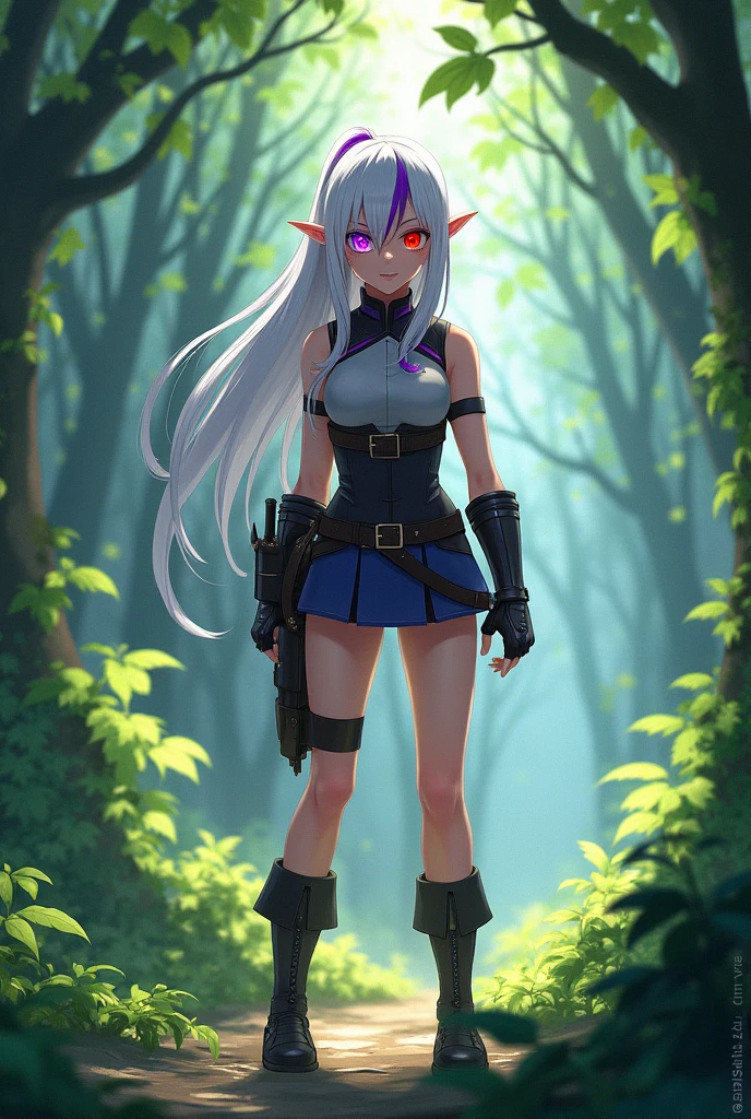 Demon Slayer screenshot, Kimetsu no yaiba, Girl, women, short hair, white hair with purple streaks, eyes of different color, One eye is red and the other is purple, hunter uniform, Skirt, White skin, expression would be, forest background, at daytime 