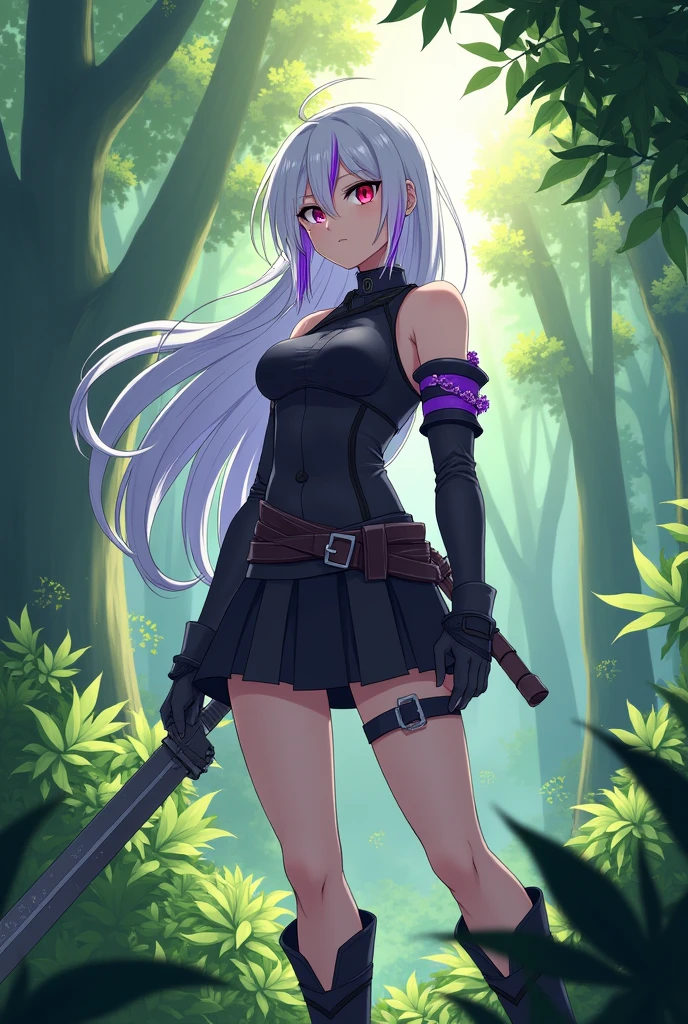 Demon Slayer screenshot, Kimetsu no yaiba, Girl, women, short hair, white hair with purple streaks, eyes of different color, One eye is red and the other is purple, hunter uniform, Skirt, White skin, expression would be, forest background, at daytime