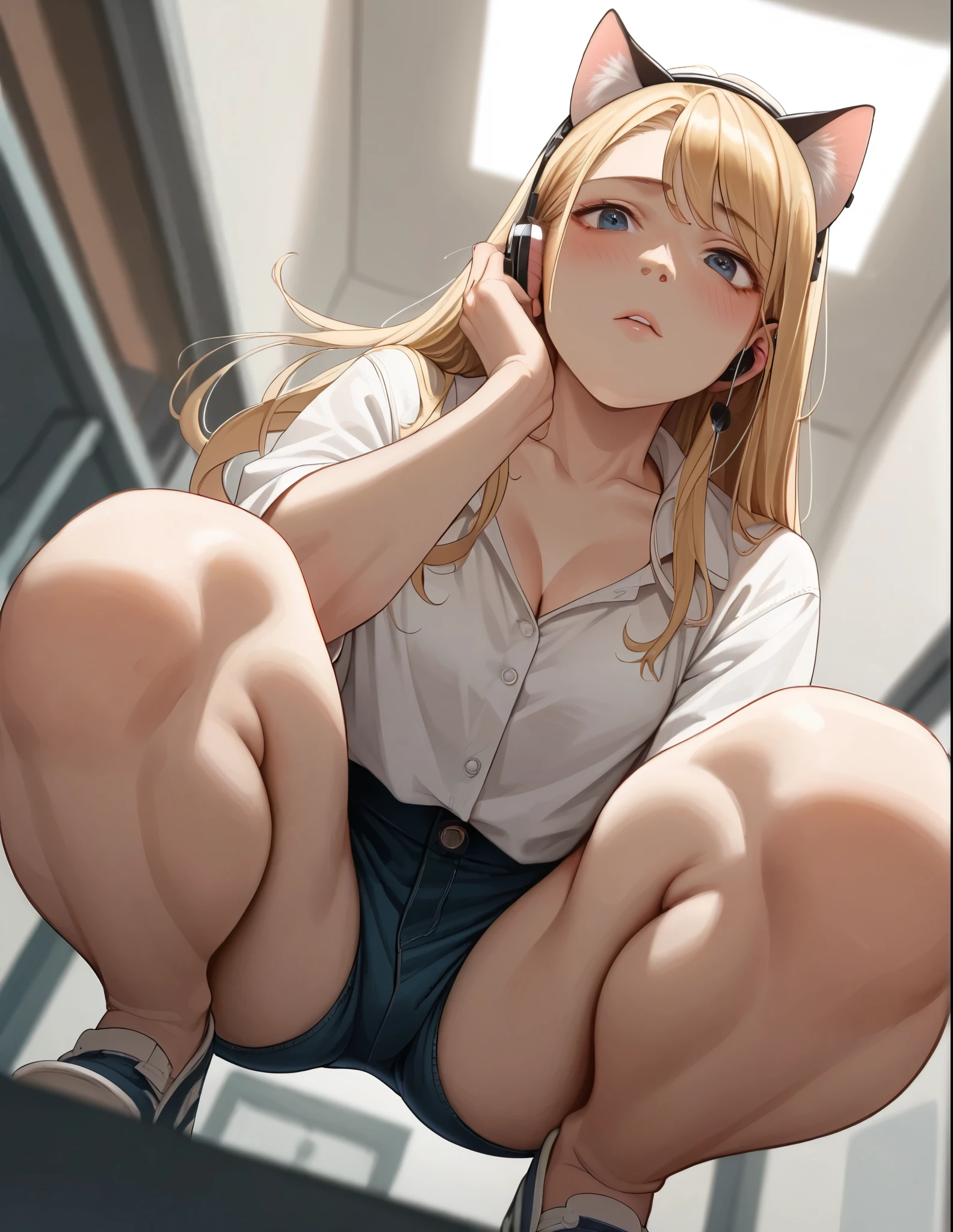 squatting1 person, High resolution, Long Hair, chest, Blushing, Blonde, Cat ear, Blurred, Dutch Angle, earphone, (from below:1.5)