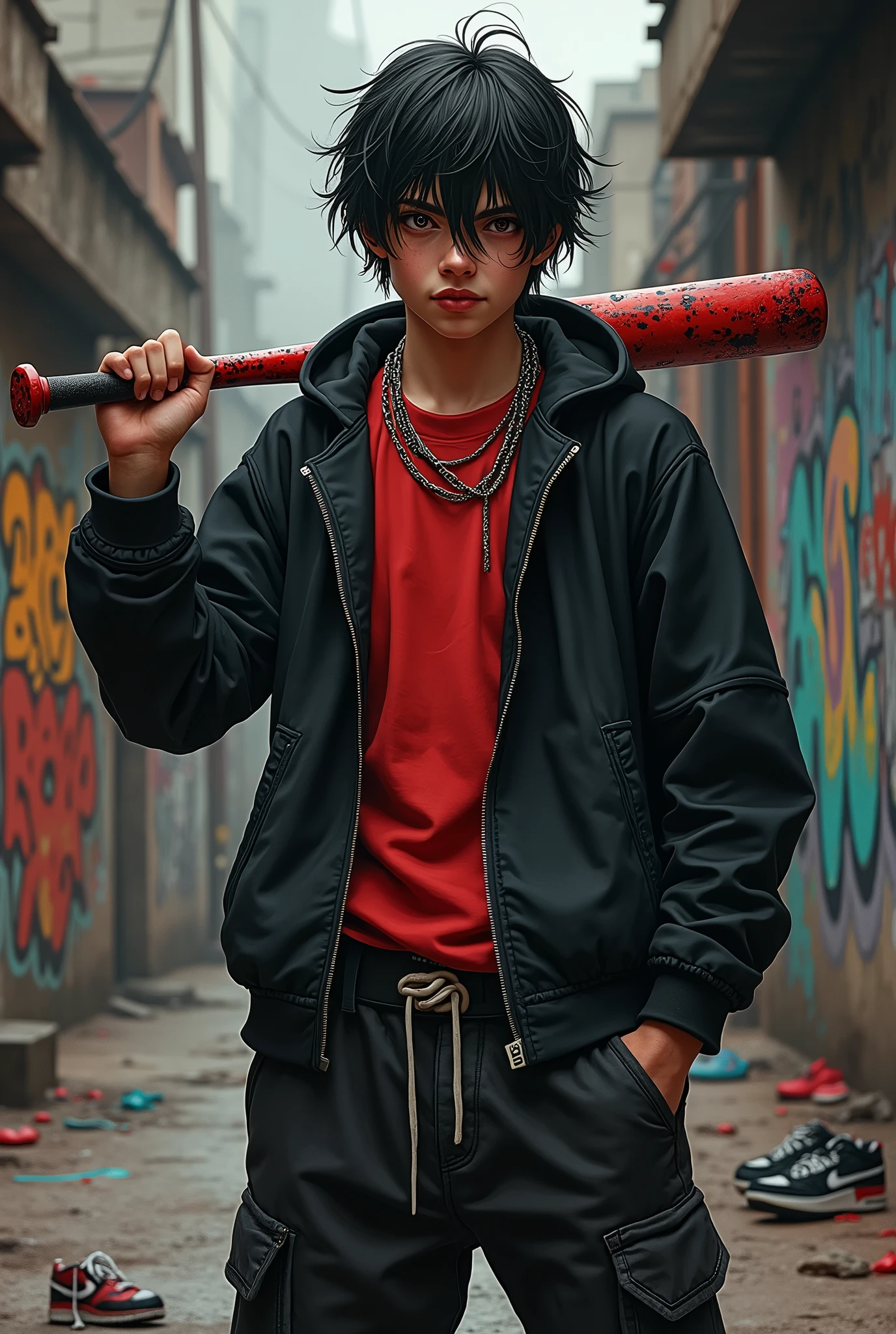 r Tom with dark hair, skater gangstar outfit with black open sweatshirt over a red baggy shirt black baggy pants, psychopath smile holding a bloody baseball bat on his shoulder