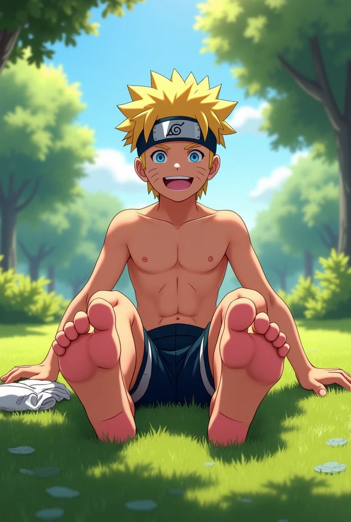 Imagen animada de estilo adolescente realista en HD de Naruto Uzumaki descalzo mostrando la planta de los pies por abajo cerca de la cámara
Sentado en el pasto sonriendo sin camisa
Detalles realistas de las plantas del pie
2 pies
5 dedos en cada pie
Mostrando six pack
Mostrando la planta del pie
Mostrando pies perfectos
Detalles de iluminación en las plantas de sus pies blancos con rosita
A un lado sus calcetines blancos 🧦 tirados sobre el pasto
