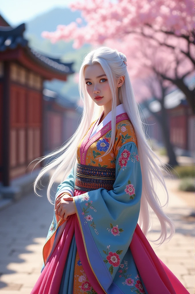 korean, White hair, blue eyes, Traditional costume