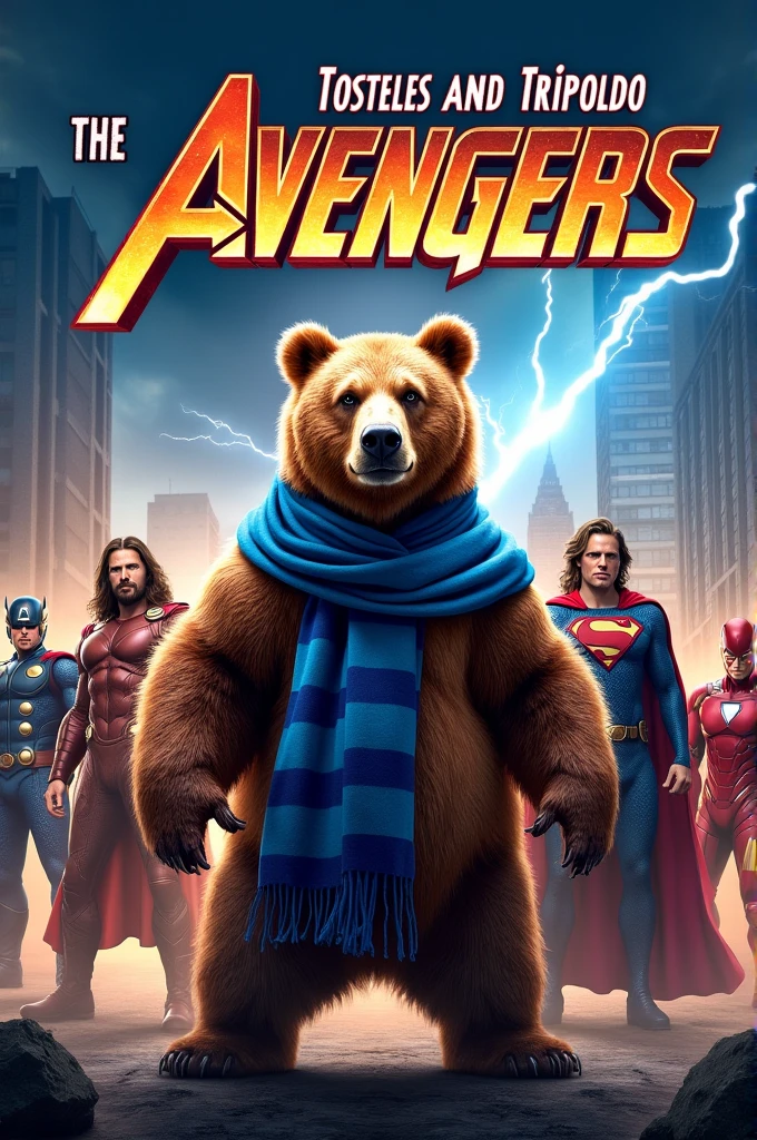 Make a movie poster with a bear with a blue striped scarf and a monkey facing Thor, Superman, Flash, Iron Man, Hulk and Dr Strange and that says Tosteles and Tripoldo vs The Avengers and The Justice League