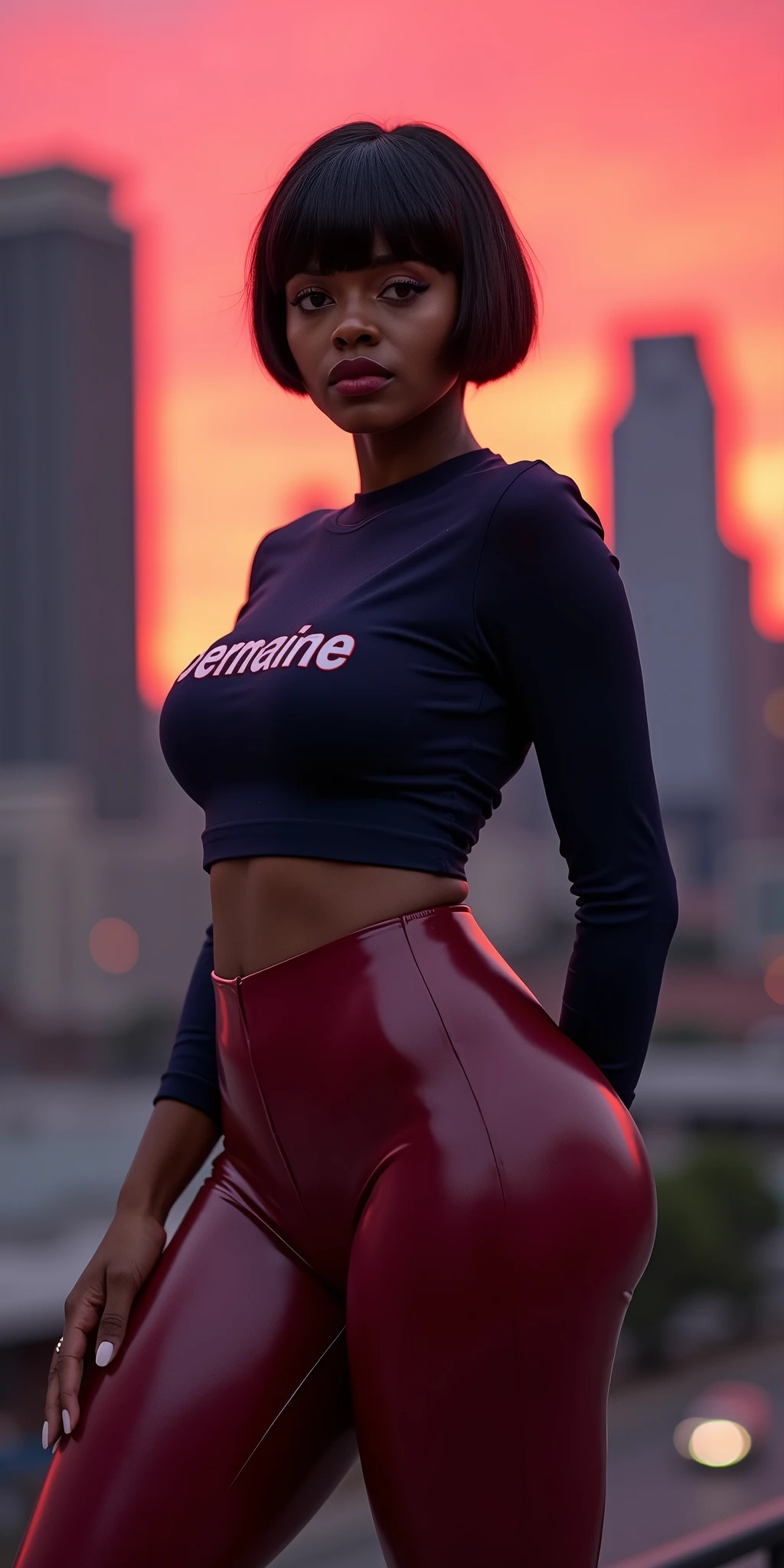 HUGE ASS, MASSIVE BUTTOCKS, burgundy plastic leggings, UHD, She's a dark skin melanin Queen with tiny paper-thin waist, red city scape, side, navy blouse says "Jermaine", best quality, short hair, focus, no nudity
