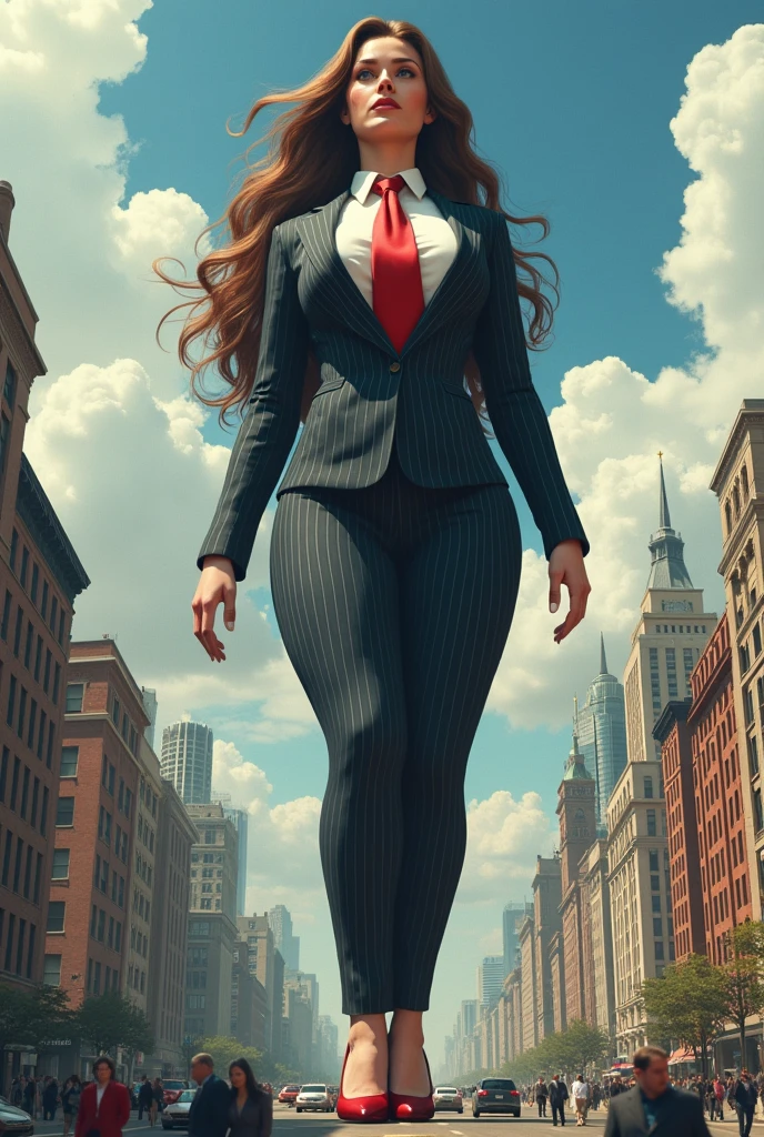 Giantess, larger than a city, big breasts and curvy, long hair, pinstriped suit, white shirt, wide red tie, Windsor knot, high heels higher than skyscrapers 