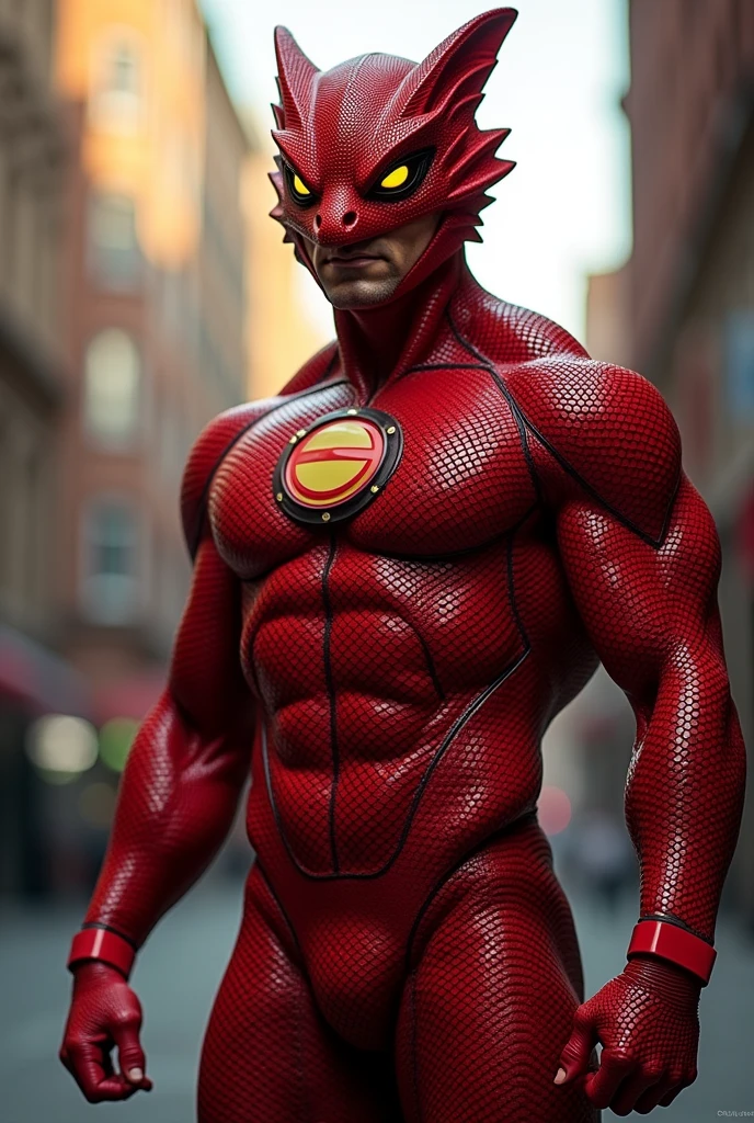 a man wearing a red costume,. Red helmet highly detailed, dynamic pose, high quality, photorealistic, intricate costume design. Detail costume. Honeycomb design, musculature, strong lighting,lizard hero cinematic angle, dramatic shadows, vibrant colors, comic book style. Circle logo on chest." C" logo on chest.. glowing eyes yellow."