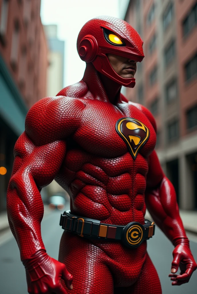 a man wearing a red costume,. Red helmet highly detailed, dynamic pose, high quality, photorealistic, intricate costume design. Detail costume. Honeycomb design, musculature, strong lighting,lizard hero cinematic angle, dramatic shadows, vibrant colors, comic book style. Circle logo on chest." C" logo on chest.. glowing eyes yellow."