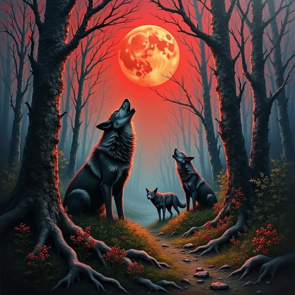 A wild, untamed forest with towering trees and overgrown vegetation, a pack of wolves howling under a blood-red moon. The scene is painted with aggressive, bold brushstrokes, capturing the primal energy and raw power of nature. The dark shadows and the eerie light of the moon create a haunting atmosphere, with every detail of the wolves' fur and the gnarled trees meticulously rendered. (The oil painting:1.7), masterpiece, ultra detailed, 4K.