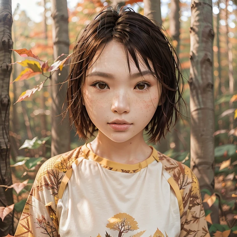 a beautiful japanese college girl with some freckles on her face inspired by hamada hideyaki shot by contax g1 with portra 800 film roll, ((short hair)), ((yellow trees forest)), autumn,scenery:1.25,((intricate scenery)),((autumn forest background)), ((sun rays)), vibrant colours