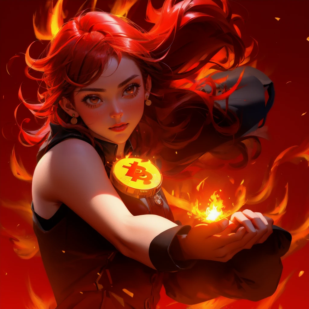 A powerful, fiery scene with a bold, energetic atmosphere, focused on cryptocurrency themes, set against a red background. In place of the fiery gorilla character, a beautiful, cute girl with a similar fiery aura and dynamic pose, styled to match the scene. The background, including the flames, coins, and typography, remains exactly the same, preserving the original feel of the image.