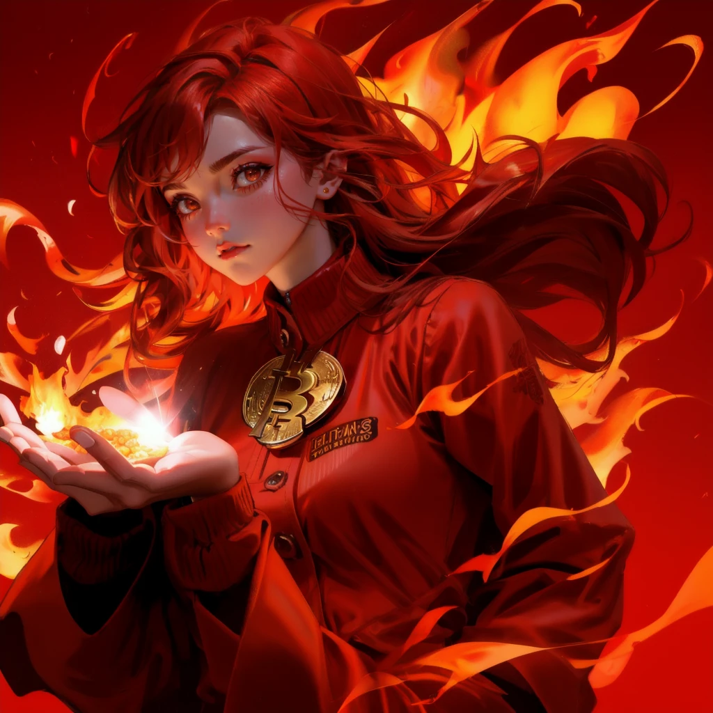 A powerful, fiery scene with a bold, energetic atmosphere, focused on cryptocurrency themes, set against a red background. In place of the fiery gorilla character, a beautiful, cute girl with a similar fiery aura and dynamic pose, styled to match the scene. The background, including the flames, coins, and typography, remains exactly the same, preserving the original feel of the image.