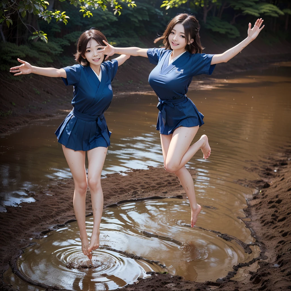 (((barefoot slender Japanese girl on mud pond))), natural front lighting, ultra sharp focus,bright brown hair, large eyes with long eyelashes and double eyelids, smile, (((jumping and waving arms))), ((huge breasts)), (full body shot:2), (beautiful face:2),(((wearing dark blue Japanese school sportswear )))