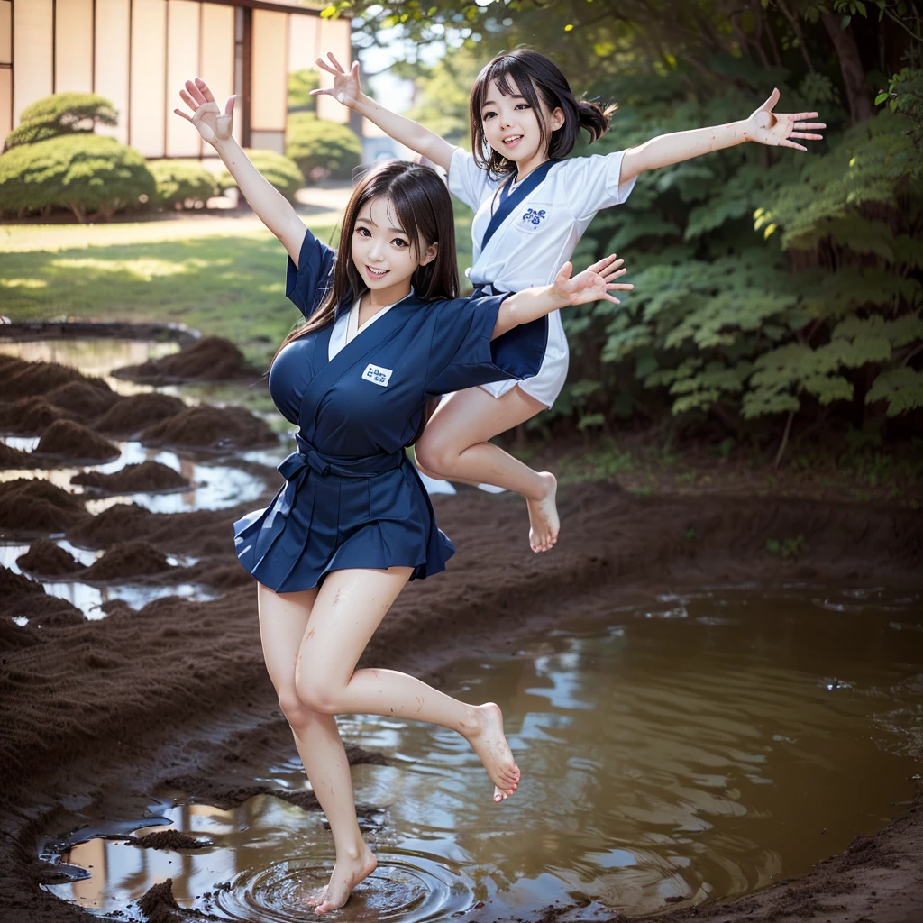 (((barefoot slender Japanese girl on mud pond))), natural front lighting, ultra sharp focus,bright brown hair, large eyes with long eyelashes and double eyelids, smile, (((jumping and waving arms))), ((huge breasts)), (full body shot:2), (beautiful face:2),(((wearing dark blue Japanese school sportswear )))