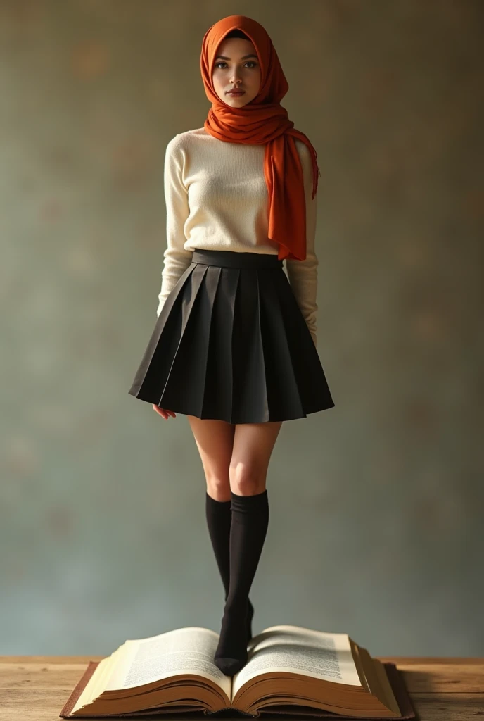 (photorealism:1.2), sexy woman, standing on a book, wearing sleeveless top, short school skirt, hijab, socks, soft lighting,  realistic, intricate details