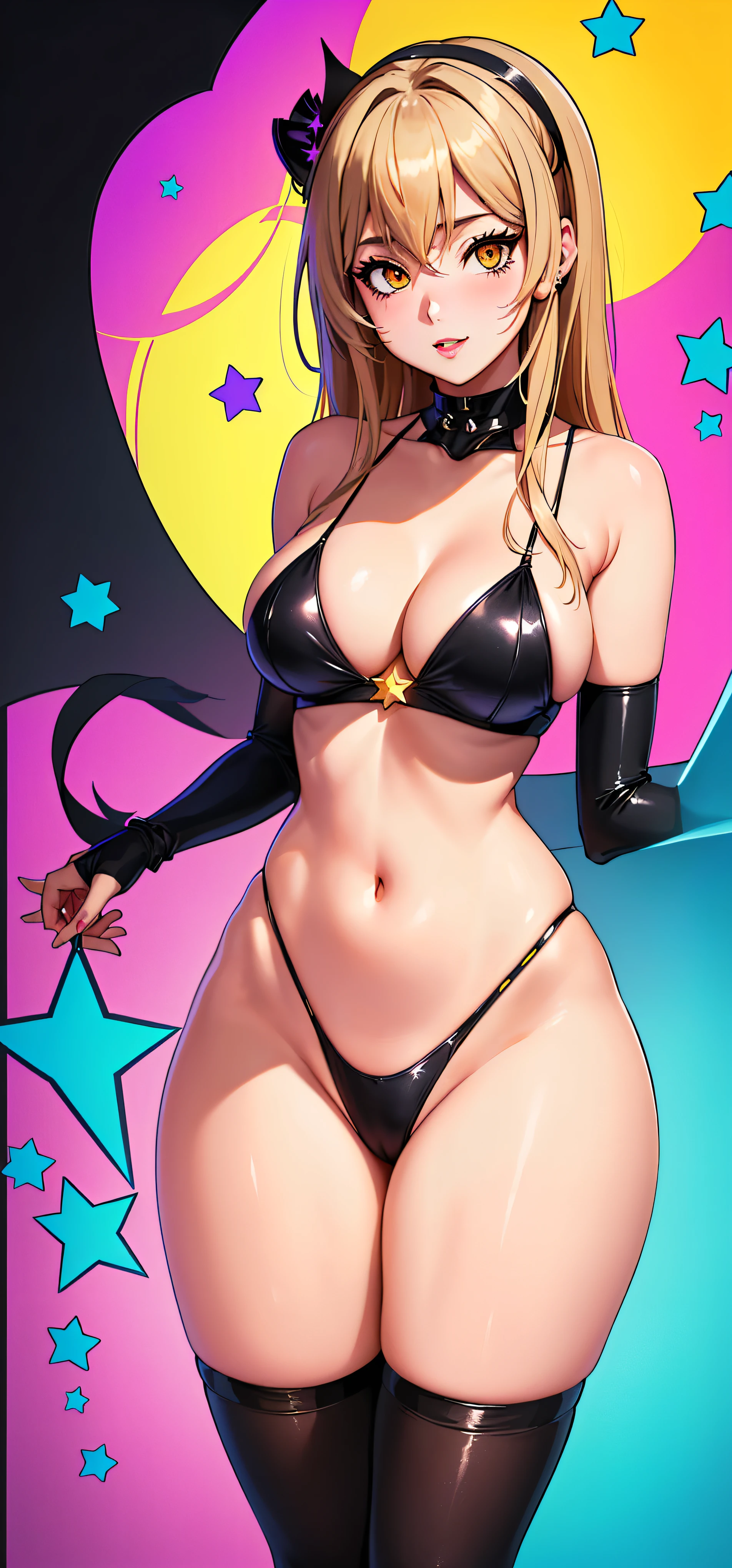 a cartoon picture of a woman in a black outfit and a star, thicc, cutesexyrobutts, oppai cyberpunk, ( ( misa amane # ) ), oc commission, monokini, android 18, misa amane *, commission for high res, lola bunny fanart, ecchi anime style, oppai, anya from spy x family, ((green eyes)), (((character front, side and back view)))