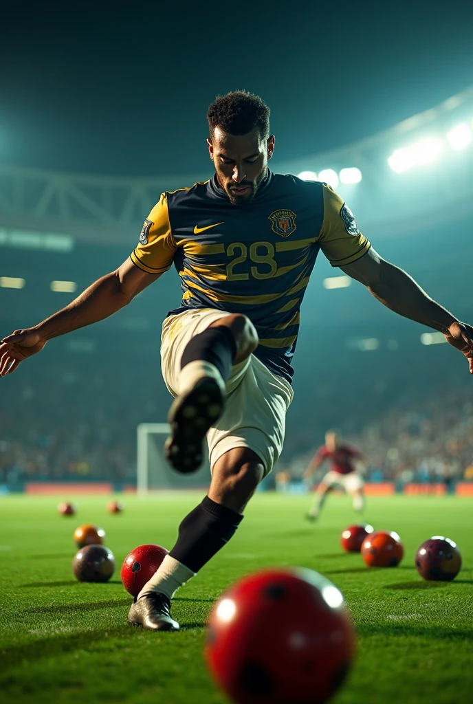 a football player kicking bowling balls, extremely detailed, hyper realistic, 8k, cinematic lighting, dynamic action pose, athletic, powerful motion blur, dramatic shadows, striking visual impact, vibrant colors, epic sports scene