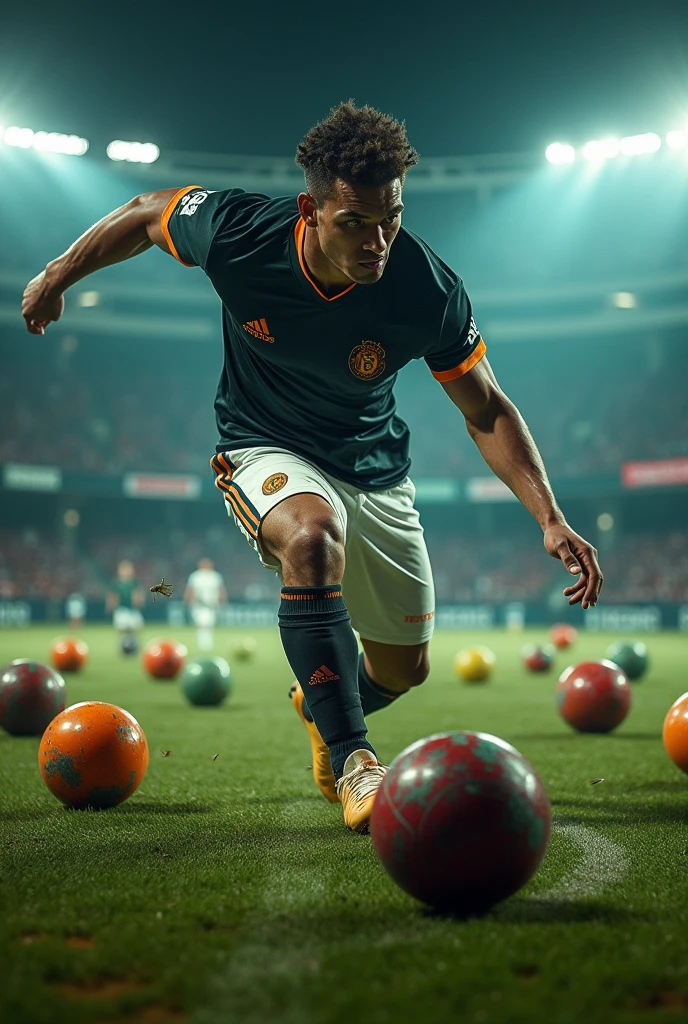 a football player kicking bowling balls, extremely detailed, hyper realistic, 8k, cinematic lighting, dynamic action pose, athletic, powerful motion blur, dramatic shadows, striking visual impact, vibrant colors, epic sports scene