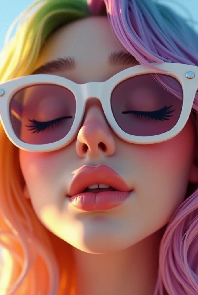 A emma myers,closed eyes,perfect eyes,rainbow hair,close up, want to 💋 kiss ,bite upper lips expression,,put white oakley glasses, 3d render
