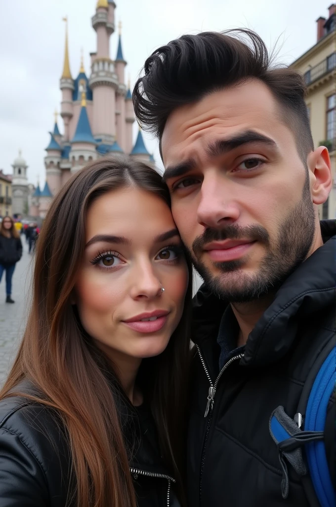 A Disney type couple selfie type she with long straight brown hair, brown eyes and has a black leather jacket and a nose piercing, He has short black hair combed upwards and a beard, a black jacket, and a blue suitcase, in the background a church