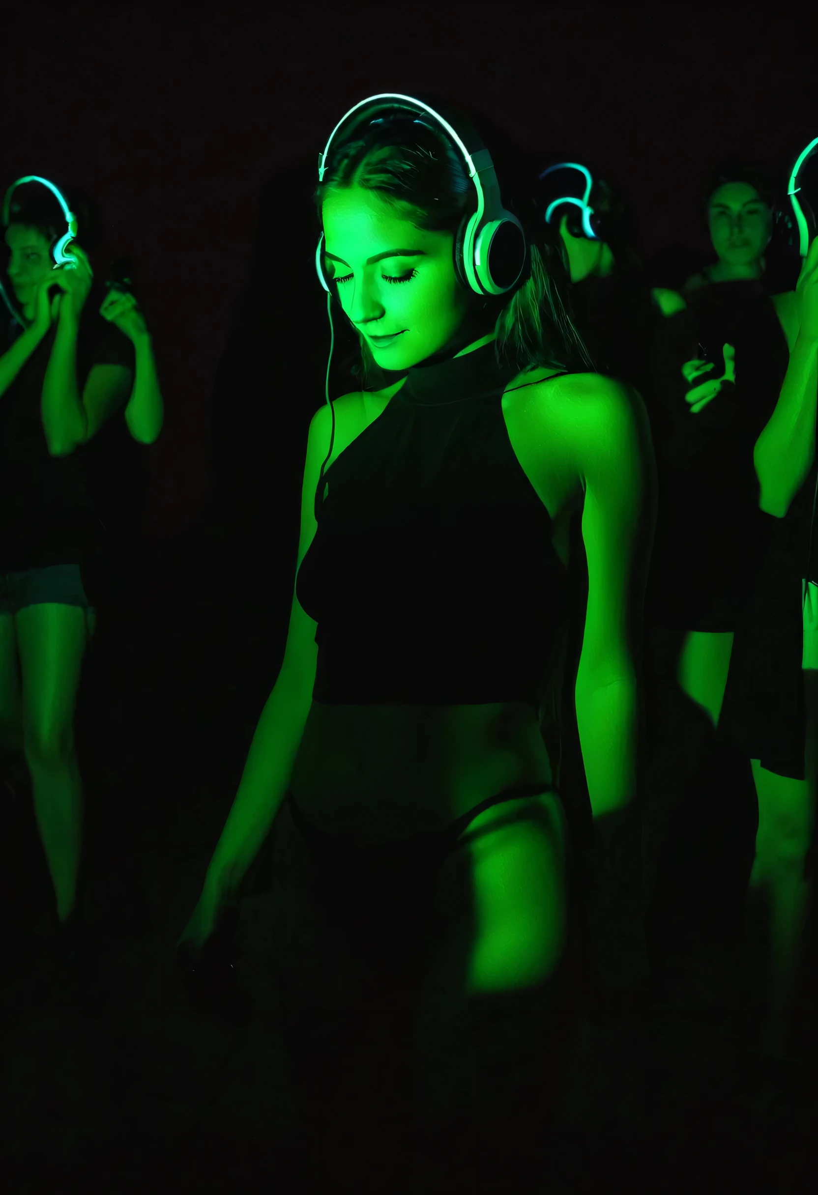 Portrait of a 25 year old girl, Beautiful perfect face, petit teen, detailed realistic skin, smiling, beautiful brazilian, Kale, big-ass, thick-thighs, shiny high heel shoes, hands arranging hair, back looking back, green miniskirt, dancing, eyes locked, black nylon panties, Bblack hair, pubic-hair, microwave good, in a closed room, Wall with black metal tiles, (dark disco, Hall, colorful laser lights, globe mirrors, Speakers, crowd of shadows around and good-natured: 1.2), full - length portrait, using LED headphones.