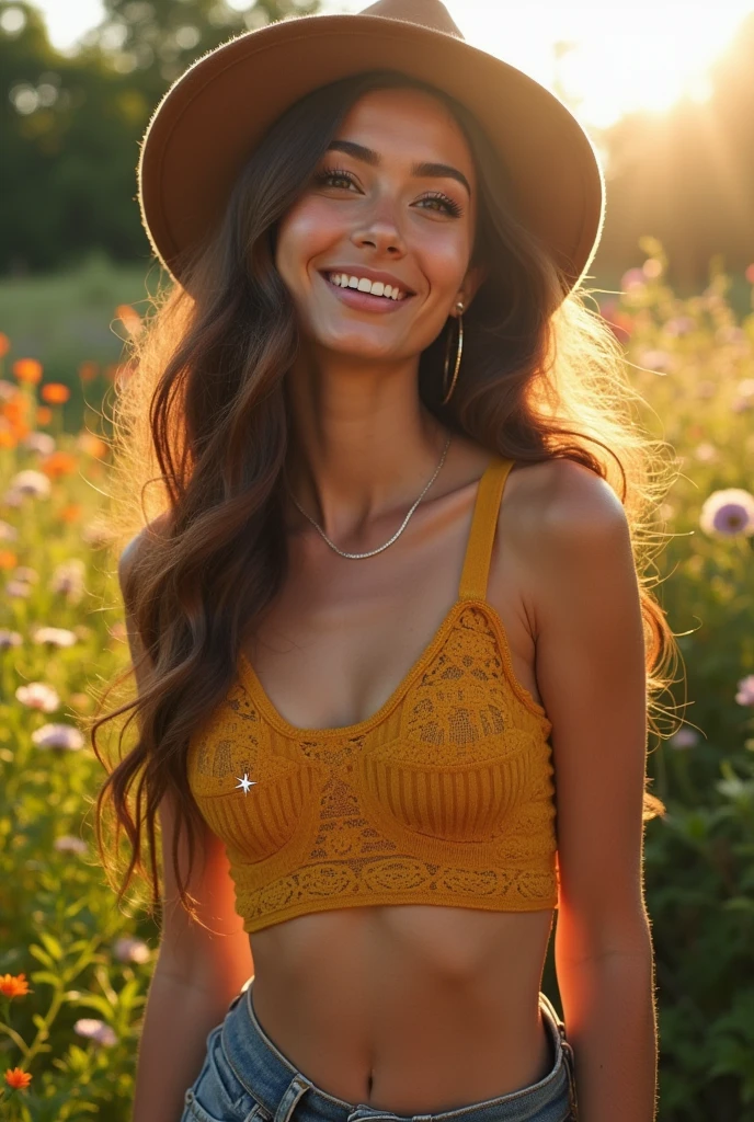 a photo of a seductive woman with loose styled dark brown hair, posing in a field of flowers, she is wearing orange halter top, and skin tight denim jeans with embroidered sunflowers on the pant legs, intricate details, goosebumps, flawless face, shy, prude, large natural breasts, shot with vintage 35mm camera ((photorealistic):1.2), raw