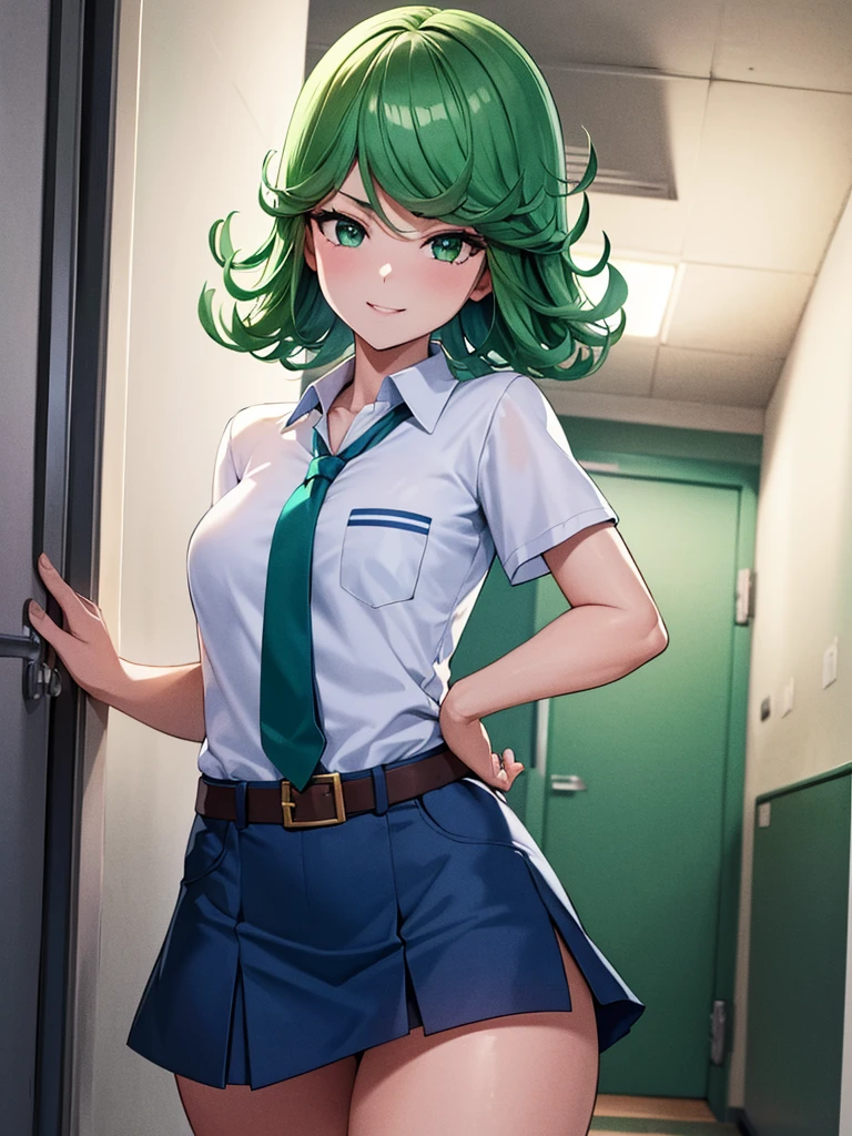 (high res, 8K, masterpiece, looking at viewer, best quality, very aesthetic, ultra detailed, ultra background, ultra Eyes) intricate details, 1girl, Tatsumaki, Chibi, body perpendicular to facing the camera, Green Short Hair, Green Eyes, short sleeved white shirt, Smile Face, pocket on left chest, wearing a Blue tie, Blue short skirt, wear a belt, Background school hallway, School, Cinematic Angle