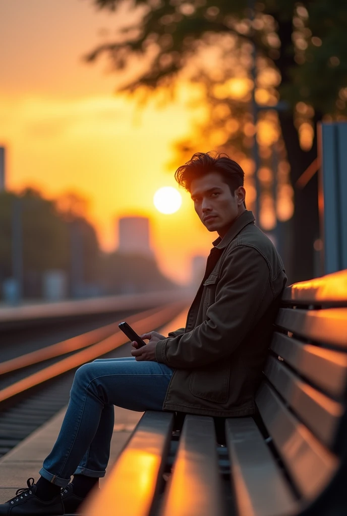 A handsome Asian tall man is sitting waiting for a train at the train station. He is wearing casual clothes, while holding a cellphone. Face facing the camera, The atmosphere of dusk is approaching nature, the sky is golden yellow. Hyper realistic high cin