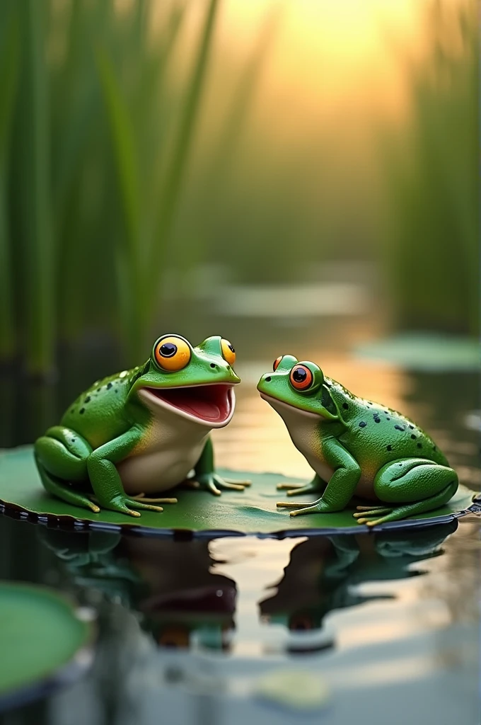 A frog smiles at another frog.