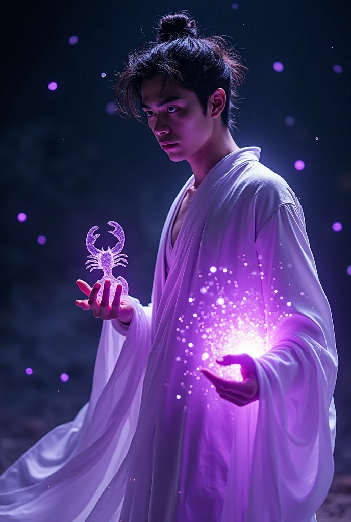 A handsome young male (Korean male), a male deity, with a purple light all over his body, a black starry sky, holding a scorpion in his hand, and an unruly gaze，4K