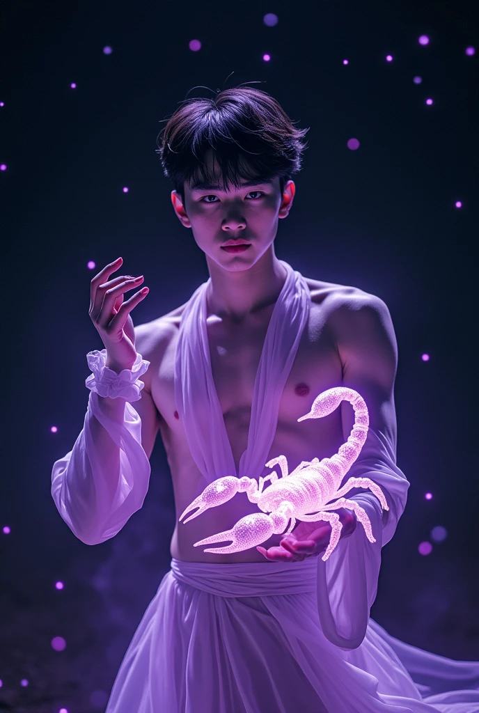A handsome young male (Korean male), a male deity, with a purple light all over his body, a black starry sky, holding a scorpion in his hand, and an unruly gaze,4K
