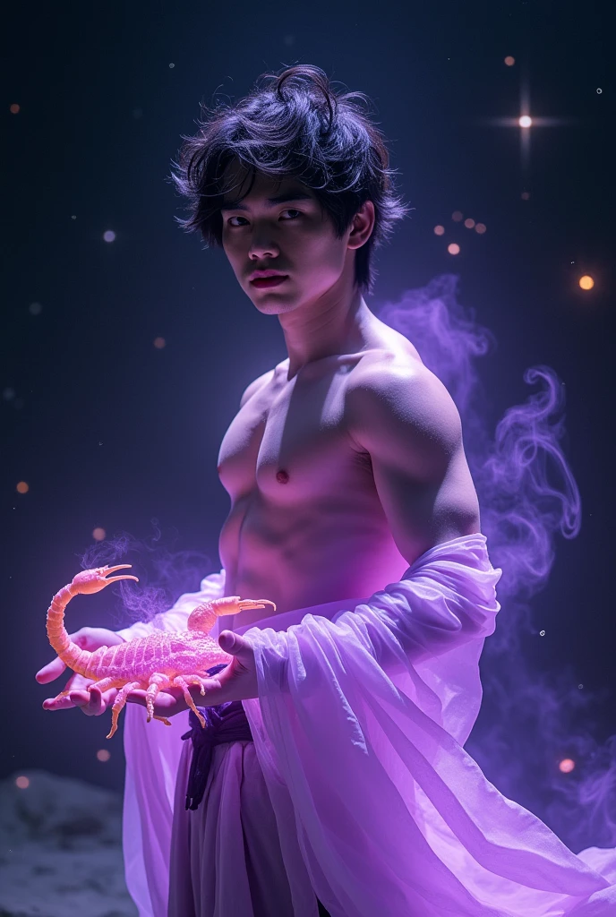 A handsome young male (Korean male), a male deity, with a purple light all over his body, a black starry sky, holding a scorpion in his hand, and an unruly gaze，4K