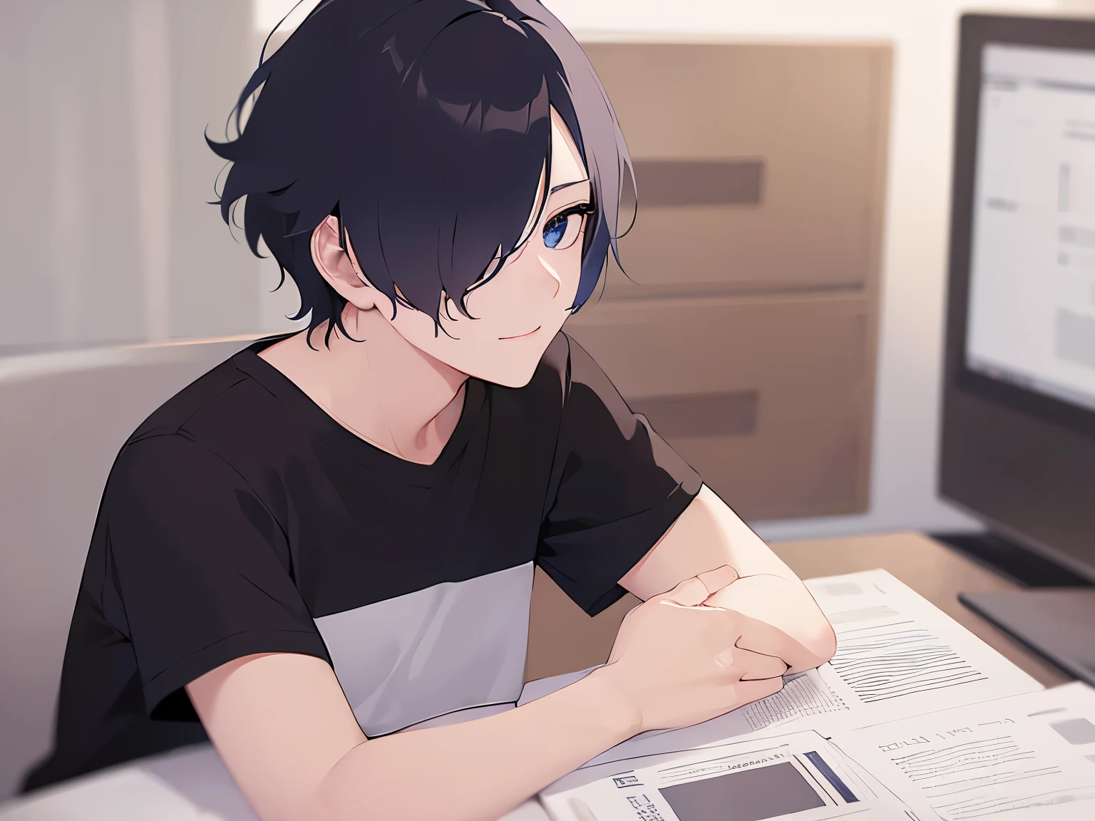 side angle,(looking away:1.5),masterpiece,Highest quality,BREAK (A 29-year-old man:1.5) and (Black short hair) and (Blue eyes) and (jitome) and (hair over one eye) BREAK,Black T-shirt,The background is in front of my desk at work,(smile),Upper body is shown,Alone