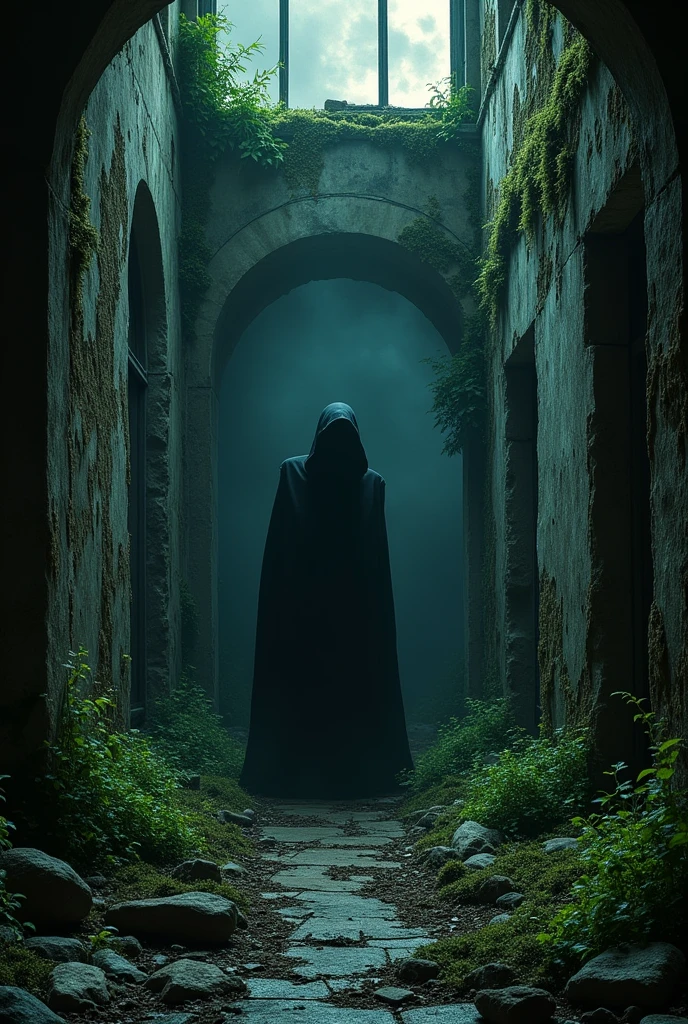 dilapidated walls , mossy , dark , scary