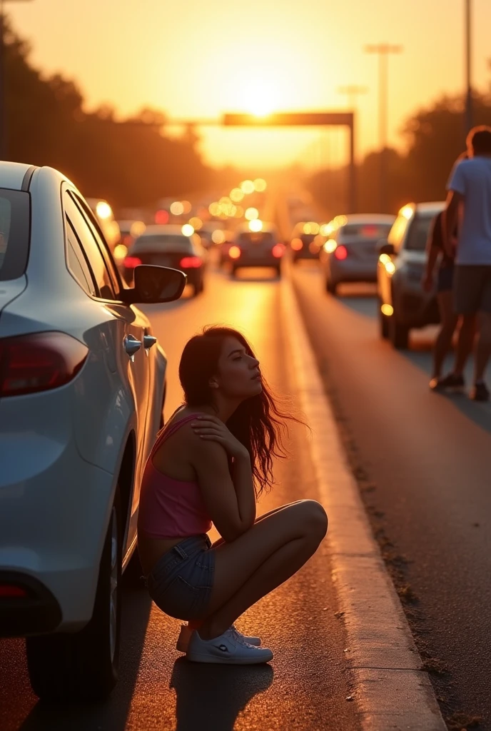 A teenage girl is urinating (very urgently), side of the freeway with her pants and pants palled all way down) (She made her parents pull over the car in from of traffic for pit stop) couldn’t hold it any longer ( sitting on car with the open car door to hide herself.