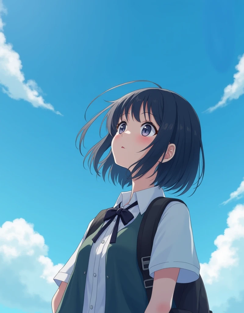 (RAW photo, best quality, masterpiece: 1.2), (photorealistic, Live action, reality: 1.4), (Polish girl, 20 years old, black hair, Light grey eyes, short bob cut, hair in 7 thirds, hair over one ear, Symmetrical eyes, solo, Detailed Skin:1.1), Cloudless blue sky, looking up at the sky, angle from below, school uniform, school bag, wind blowing