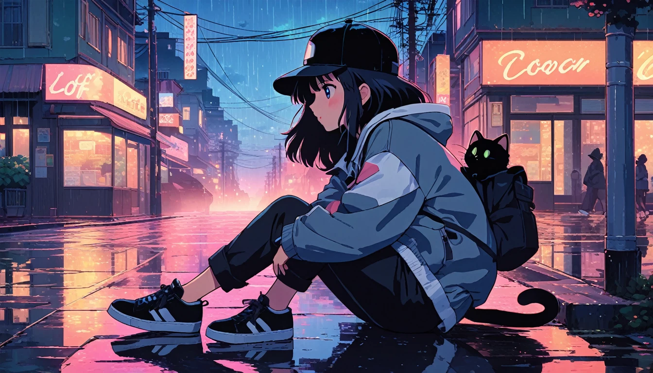alone, lofi artstyle, lofi art, city, town, 80s anime style, Retro, Lo-Fi, masterpiece, best quality, (extremely detailed CG unity 8k wallpaper), (best quality), (best illustration), (best shadow), absurdres, realistic lighting, (Abyss), beautiful detailed glow, 1girl, animal, backpack, bag, bangs, baseball cap, black cat, black footwear, black headwear, black pants, blurry, blush, building, cat, closed mouth, from side, hat, holding, hood, hood down, hooded jacket, hoodie, jacket, long hair, long sleeves, night, outdoors, pants, power lines, profile, rain, reflection, shoes, sitting, sneakers, solo, utility pole