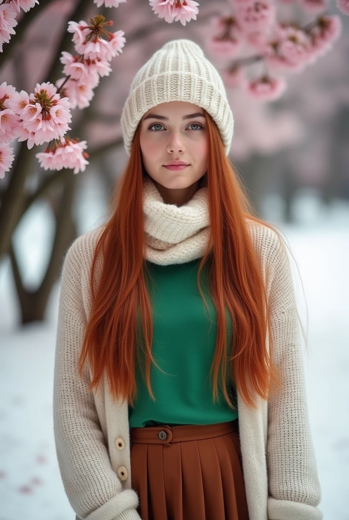 Portrait of a 17 year old Persian girl with long, straight red hair wearing a knitted hat , green shirt wearing a white scarf and cardigan and a brown long skirt,being in the snow surrounded by beautiful cherry blossoms