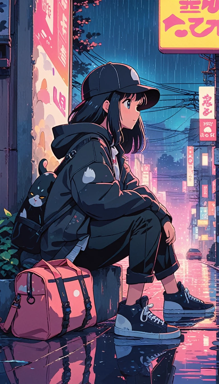 alone, lofi artstyle, lofi art, city, town, 80s anime style, Retro, Lo-Fi, masterpiece, best quality, (extremely detailed CG unity 8k wallpaper), (best quality), (best illustration), (best shadow), absurdres, realistic lighting, (Abyss), beautiful detailed glow, 1girl, animal, backpack, bag, bangs, baseball cap, black cat, black footwear, black headwear, black pants, blurry, blush, building, cat, closed mouth, from side, hat, holding, hood, hood down, hooded jacket, hoodie, jacket, long hair, long sleeves, night, outdoors, pants, power lines, profile, rain, reflection, shoes, sitting, sneakers, solo, utility pole