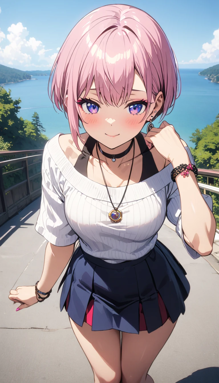 (Highest quality, 4K, 8k, High Resolutiの上, masterpiece:1.2), Very detailed, Picturesque, Anime-style photos, Photo Animatiの上:1.37)、Japanese、(Pink Hair)、(Pixie Cut)、Gal Makeup、Off-the-shoulder knit、Flared mini skirt、necklace、bracelet、Earrings、choker、nail art、(Full body photo)、Nakano Ichika