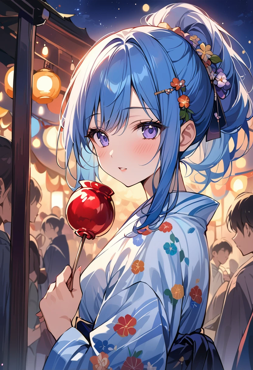 (masterpiece:1.2),(anime),girl、cute、Blue Hair、ponytail、hair ornaments、Girl wearing yukata、((Holding a candy apple in her hand)),Night stalls、Festivals、summer night、Light production、Beautiful artwork、Detailed drawing、A Scene of Youth,Close-up