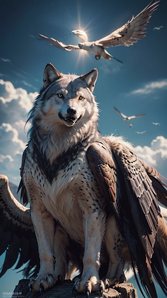 a majestic wolf with the sharp talons,wings and vision of a falcon,powerful predator,detailed fur,piercing eyes,soaring through the skies,dramatic lighting,cinematic composition,vivid colors,photorealistic,8k,highly detailed