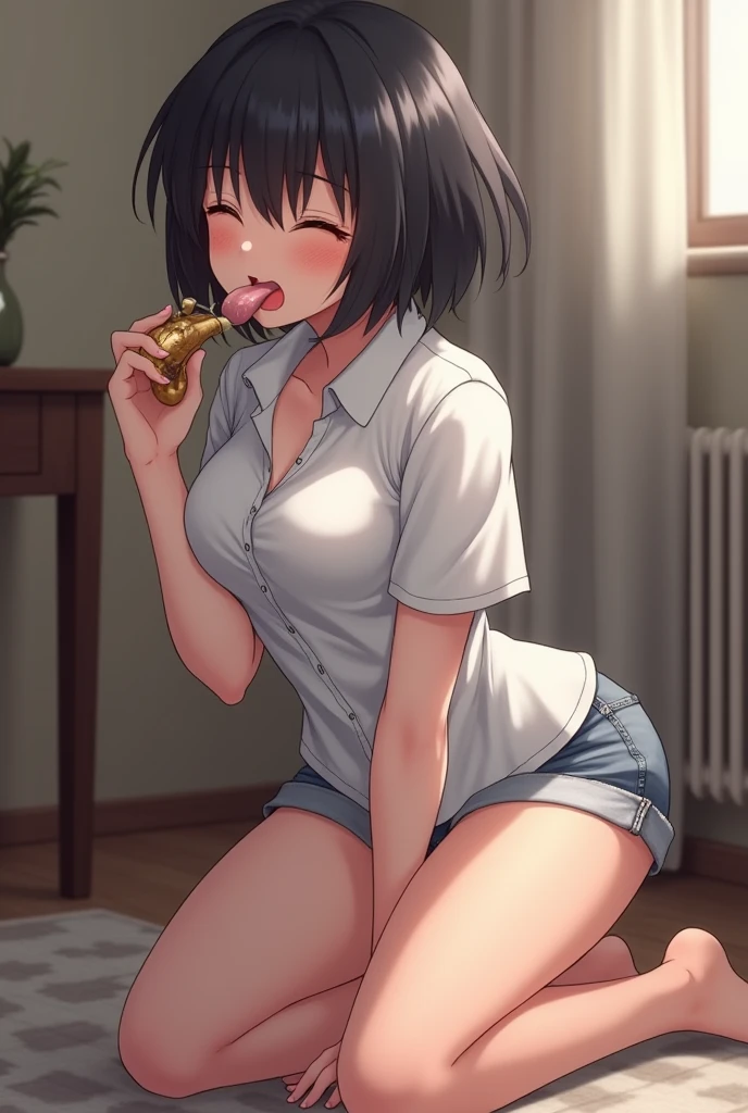 Girl kneeling while sticking out her tongue and on her tongue there is a thick , she has a face of pleasure and is blushing, she has a white shirt that is a little transparent, she has short shorts, she has short black hair, she has big breasts, thighs and butt, She is licking a man's penis