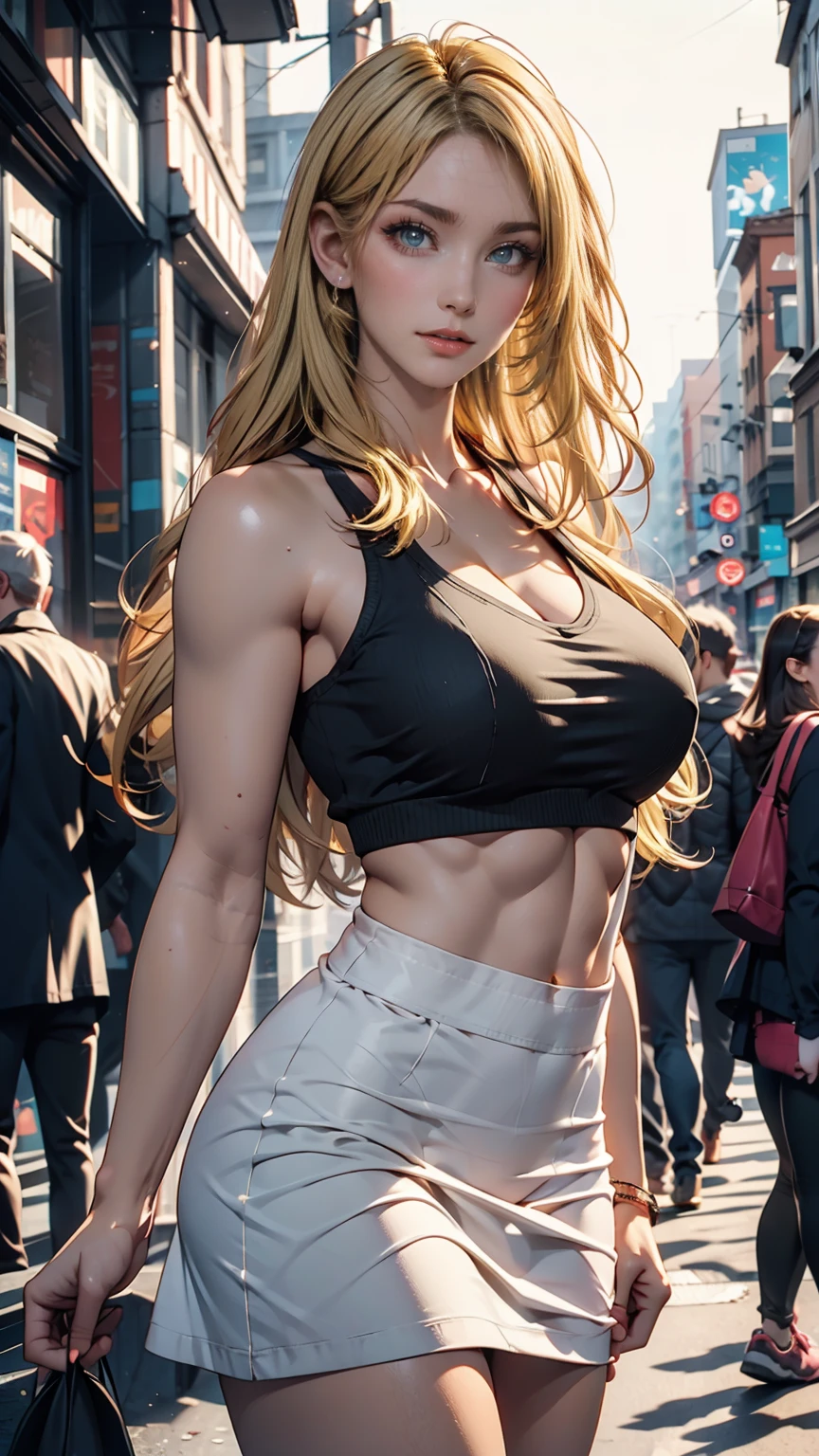 ((Highest quality, 8k, masterpiece: 1.3)), whole body, Sharpen the focus: 1.2, Outstanding beauty: 1.4, Slim Abs: 1.2, (((blonde, big: 1.2)), Tank top dress: 1.1, (City of night, street: 1.1), Highly detailed face and skin texture, Detailed eyes, double eyelid、24-year-old woman、Attractive Young Woman, (Beautiful Face:1.1), Detailed eyes, Seductive lips, (eye make up:1.2), (Medium chest:1.0), (Toned body:1.2), Sexy proportions、Narrow waist