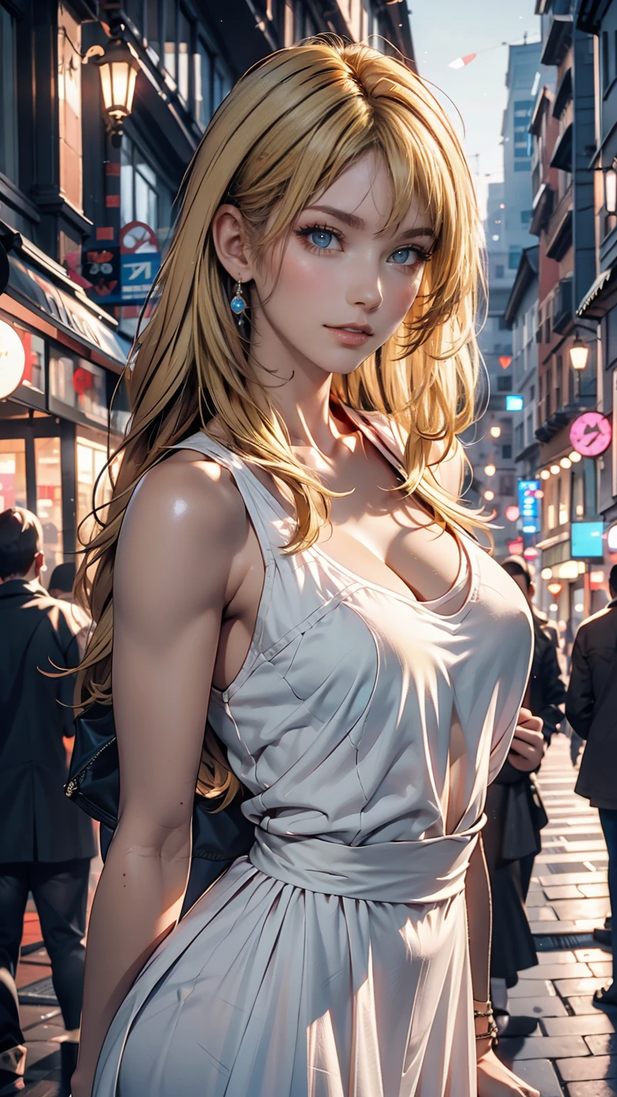 ((Highest quality, 8k, masterpiece: 1.3)), whole body, Sharpen the focus: 1.2, Outstanding beauty: 1.4, Slim Abs: 1.2, (((blonde, big: 1.2)), Tank top dress: 1.1, (City of night, street: 1.1), Highly detailed face and skin texture, Detailed eyes, double eyelid、24-year-old woman、Attractive Young Woman, (Beautiful Face:1.1), Detailed eyes, Seductive lips, (eye make up:1.2), (Medium chest:1.0), (Toned body:1.2), Sexy proportions、Narrow waist