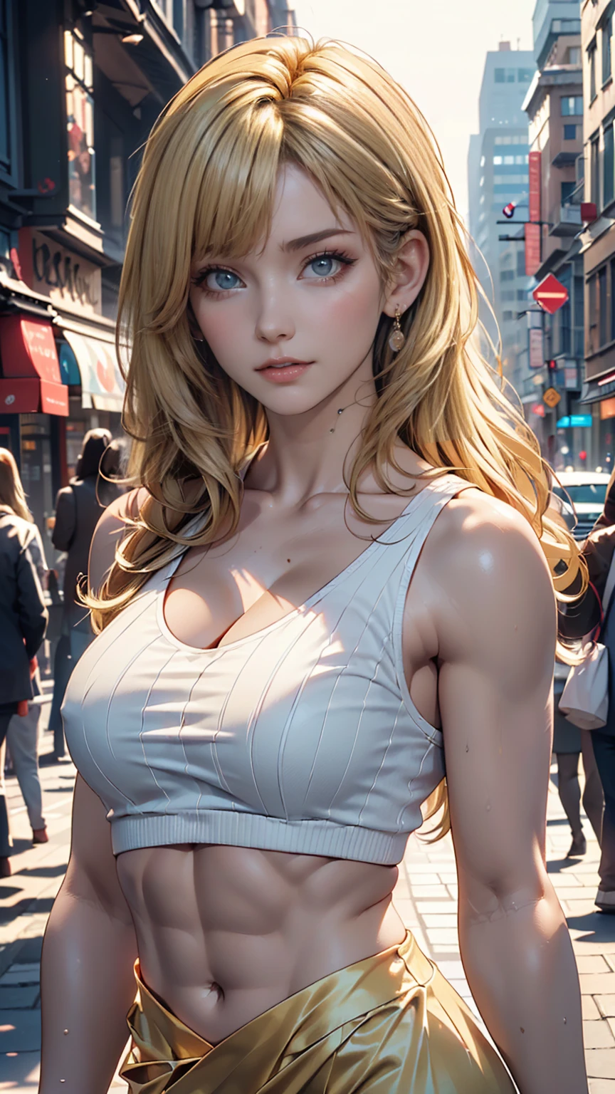 ((Highest quality, 8k, masterpiece: 1.3)), whole body, Sharpen the focus: 1.2, Outstanding beauty: 1.4, Slim Abs: 1.2, (((blonde, big: 1.2)), Tank top dress: 1.1, (City of night, street: 1.1), Highly detailed face and skin texture, Detailed eyes, double eyelid、24-year-old woman、Attractive Young Woman, (Beautiful Face:1.1), Detailed eyes, Seductive lips, (eye make up:1.2), (Medium chest:1.0), (Toned body:1.2), Sexy proportions、Narrow waist