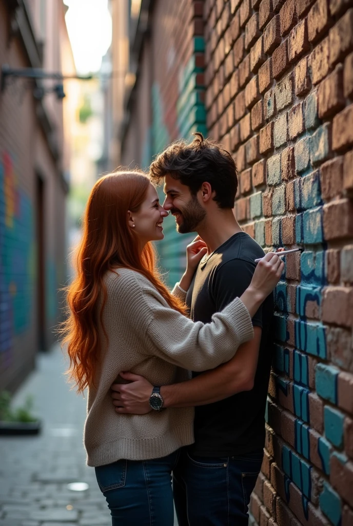 High quality photos of a couple in love, painting the initials G and F with graphite on a wall